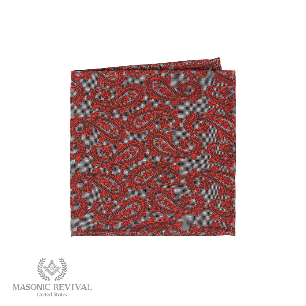 Gray paisley Masonic pocket square with red and burgundy accents