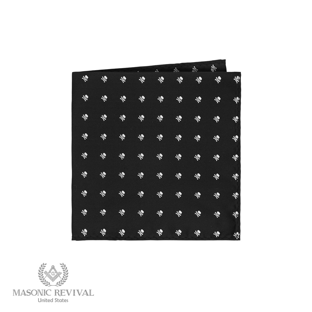 Black Masonic pocket square with skull and crossbones motif
