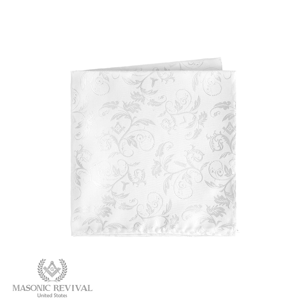 White Masonic pocket square with subtle floral and Masonic symbol pattern