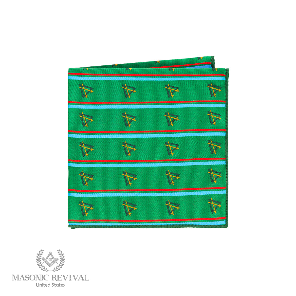 Striped Knight Mason pocket square in emerald green pale blue and Royal Arch red