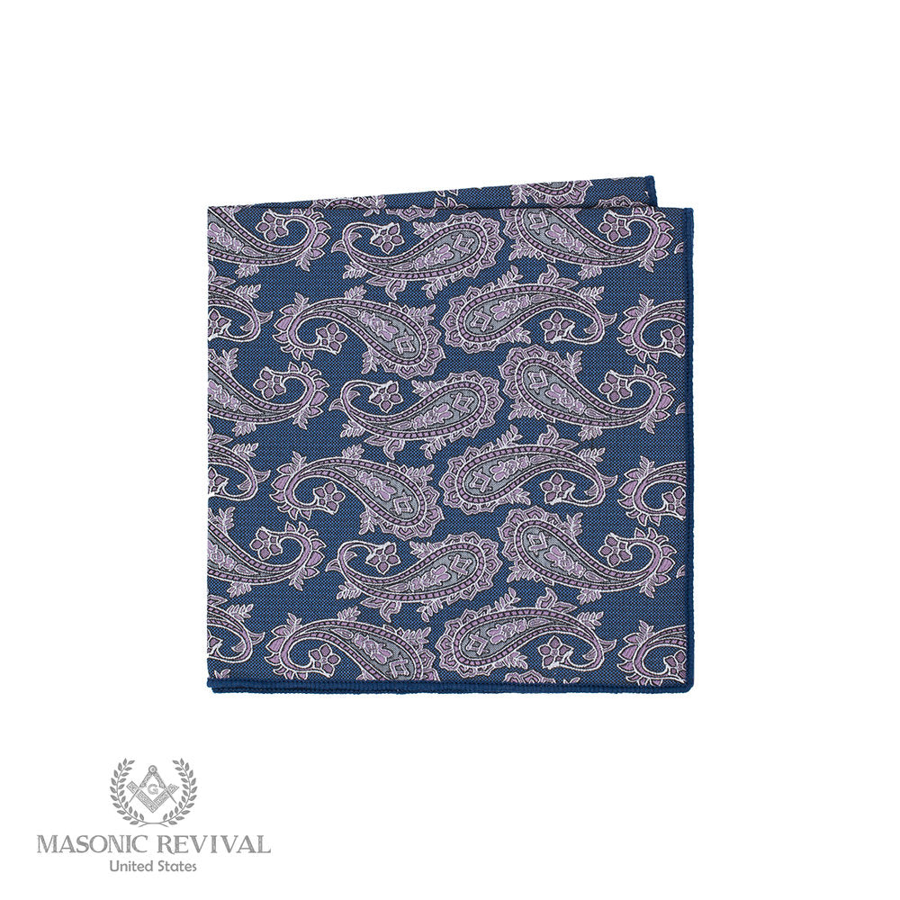 Blue paisley Masonic pocket square with subtle Masonic details