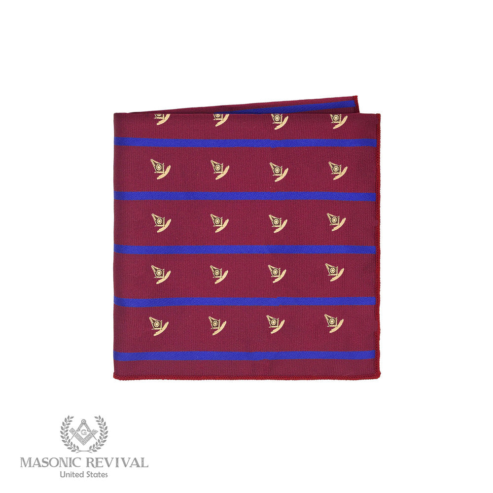 Red blue and gold Past Master pocket square with Masonic emblems