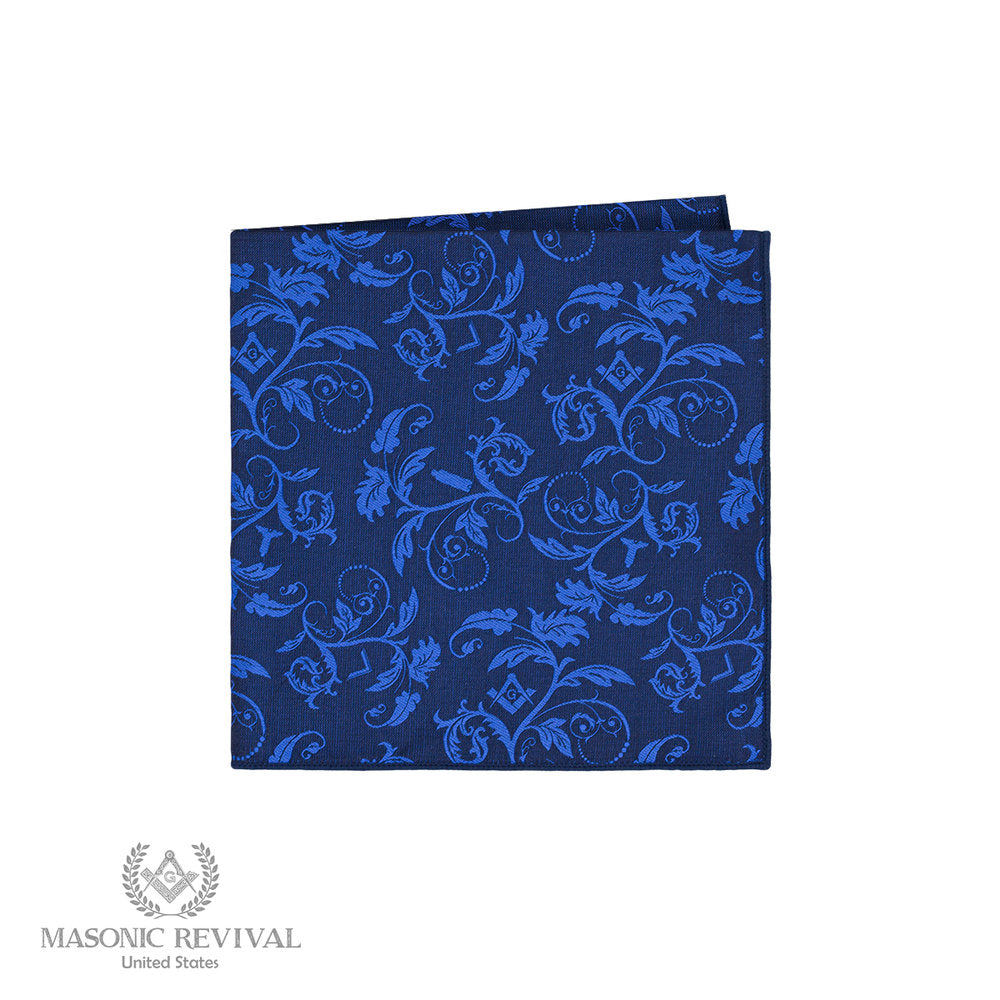 Blue Masonic pocket square with subtle floral and Masonic symbol pattern